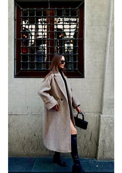 Bej Balıksırtı Oversize Premium Kaşe Kadın kaban