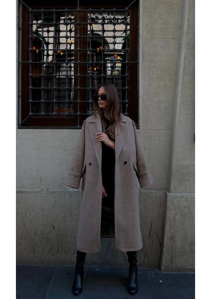 Bej Balıksırtı Oversize Premium Kaşe Kadın kaban modelleri