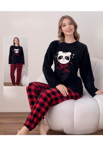 Kadın Kışlık Bisiklet Yaka Soft Kadife Pijama Takımı 07016 - 1 Adet