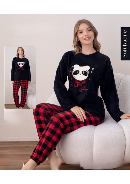 Kadın Kışlık Bisiklet Yaka Soft Kadife Pijama Takımı 07016 - 1 Adet