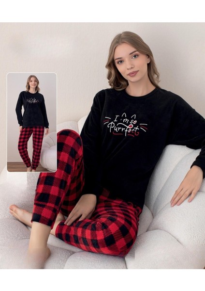 Kadın Kışlık Bisiklet Yaka Soft Kadife Pijama Takımı 07018 - 1 Adet