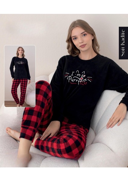 Kadın Kışlık Bisiklet Yaka Soft Kadife Pijama Takımı 07018 - 1 Adet