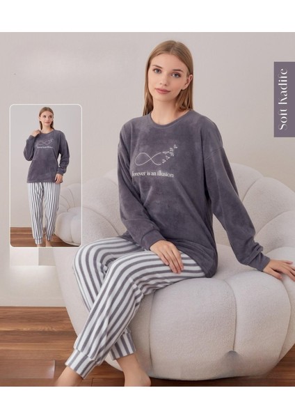 Kadın Kışlık Bisiklet Yaka Soft Kadife Pijama Takımı 07026 - 1 Adet