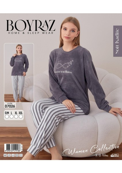 Kadın Kışlık Bisiklet Yaka Soft Kadife Pijama Takımı 07026 - 1 Adet
