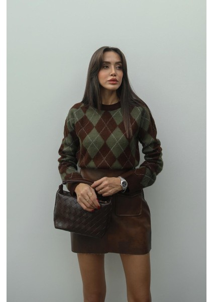 Kahverengi Mariska Baklava Desenli Kazak modelleri