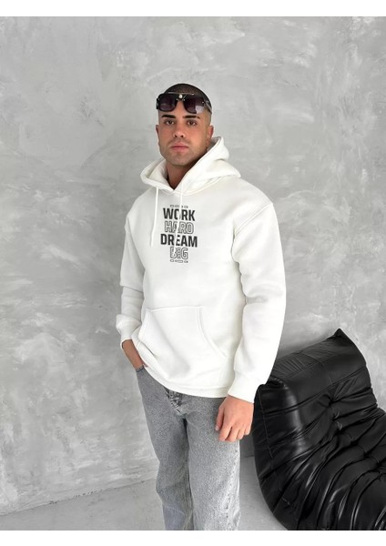 Kışlık Üç Iplik Kapşonlu Sweatshirt - Beyaz