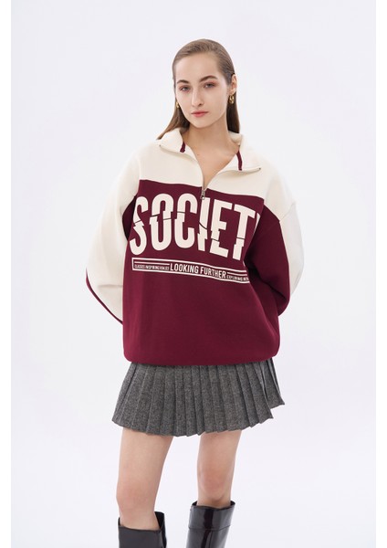 Renk Bloklu Yazılı Oversize Sweatshirt Bej
