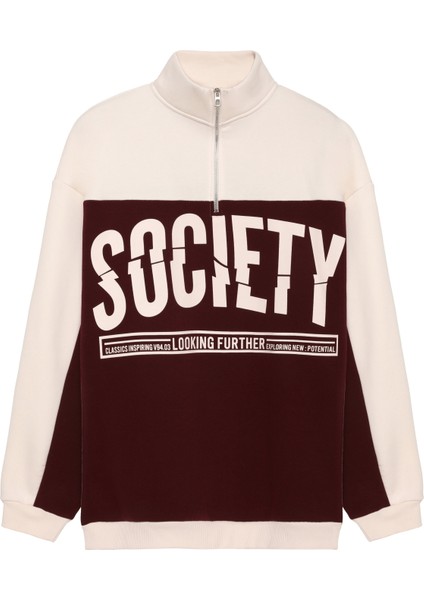Renk Bloklu Yazılı Oversize Sweatshirt Bej