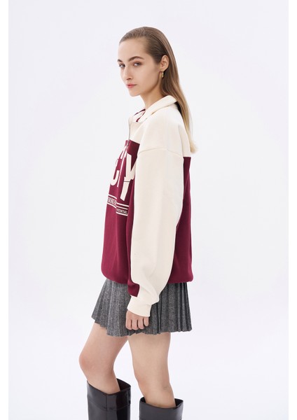 Renk Bloklu Yazılı Oversize Sweatshirt Bej