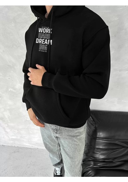 Kışlık Üç Iplik Kapşonlu Sweatshirt - Siyah