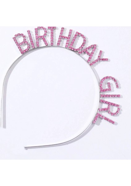 Pembe Renk Kristal Taşlı Parlak Birthday Girl Yazılı Taç 16X17 cm