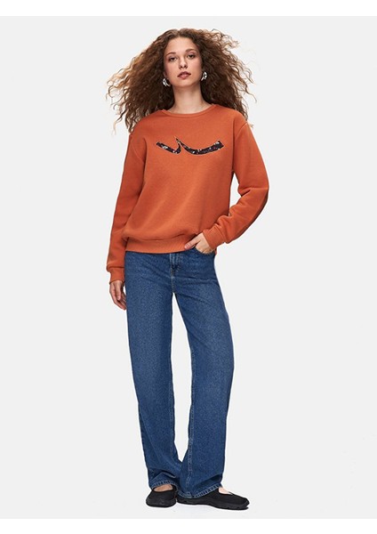 Kadın Sıfır Yaka Uzun Kollu Sıgnlı Turuncu Sweatshırt