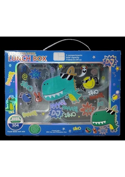 BES0006 Dinozor Desenli Şeffaf Kapaklı 3 Bölmeli 710 ml Çelik Beslenme Kabı