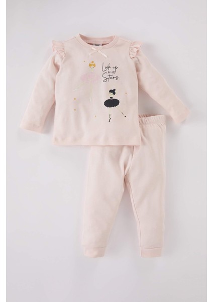 Kız Bebek Pijama Takımı Balerin Bisiklet Yaka Baskılı Uzun Kollu Üst Beli Lastikli Uzun Alt D5366A524WN