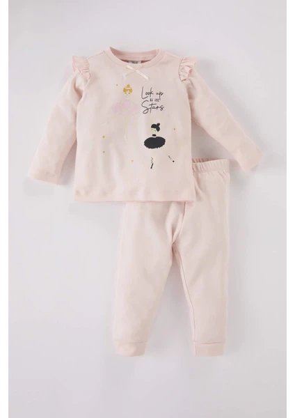 Kız Bebek Pijama Takımı Balerin Bisiklet Yaka Baskılı Uzun Kollu Üst Beli Lastikli Uzun Alt D5366A524WN