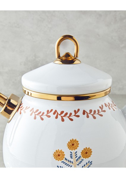 English Home Ornate Retro Emaye Çaydanlık 1,1 Litre + 2,3 Litre Beyaz-Hardal