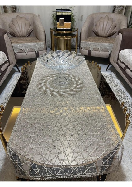 5parça Lüks Runner Salon Oda Sehpa Masa Örtü Takımı Fransız Güpürlü Çeyizlik Set(Kapiçino)Dikdörtge