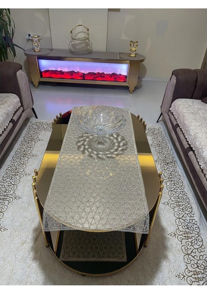 5parça Lüks Runner Salon Oda Sehpa Masa Örtü Takımı Fransız Güpürlü Çeyizlik Set(Kapiçino)Dikdörtge