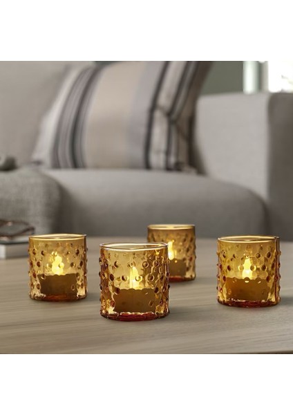 Hutlös 4 Lü Set 6 cm Koyu Sarı Cam Tealight Mumluk Şamdan