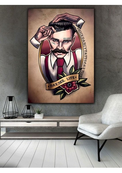 Retro Berber Shop Erkek Kuaför Berber Model Özgün Tasarım Kanvas Tablo