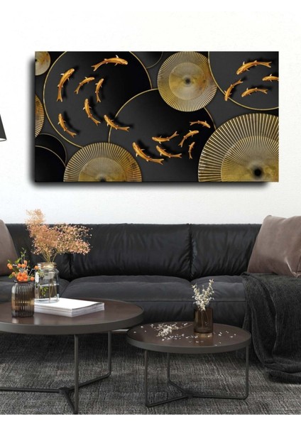 Dekoratif Soyut Altın Balıklar Sürreal Kanvas Duvar Tablosu 120 x 60 cm Büyük Boy Tablo