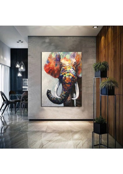 Yağlı Boya Efektli Soyut Fil Tablosu 4 Harika Bir Ev