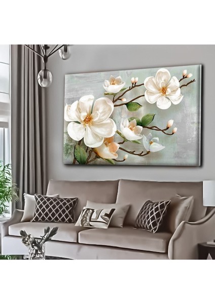 Harika Bir Ev Yağlı Boya Efektli Büyük Çiçek Tablosu Gri-Yeşil|kanvas Tablo