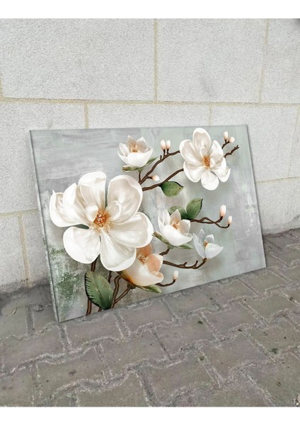 Harika Bir Ev Yağlı Boya Efektli Büyük Çiçek Tablosu Gri-Yeşil|kanvas Tablo modelleri