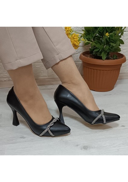 7020 Siyah Örgü Taşlı Kadeh Topuklu Bayan Stiletto Ayakkabı