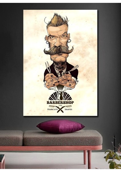 Karikatür Berbershop Tasarım Erkek Kuaför Berber Model Özgün Tasarım Kanvas Tablo