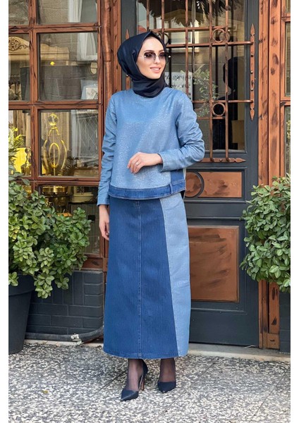 Naki & Mascara Kot Detaylı Parıltılı Bluz 45MK21322 Denim