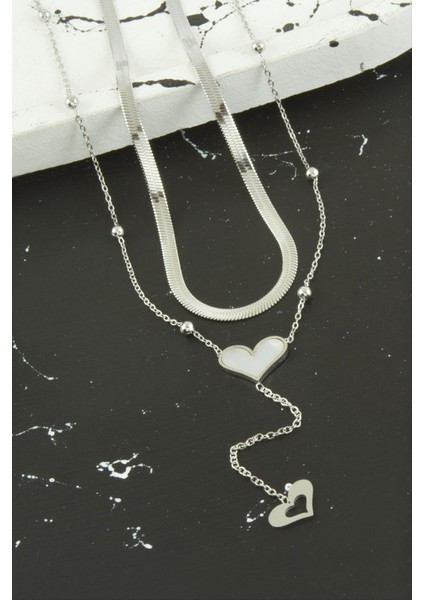 Kalp Sedef Lüks Çelik Ikili Kolye