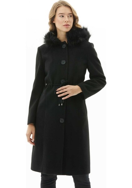 Beli Büzgülü Kapüşonu Kürklü Kaban