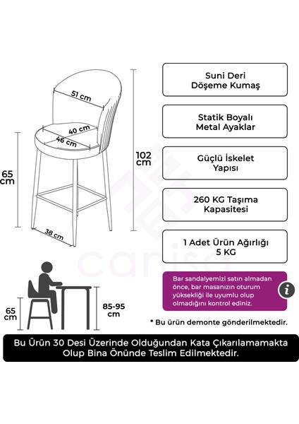 Concept Rika Serisi 65 cm Deri Bar Sandalyesi Siyah Metal Ayaklı 6 Adet Ada Mutfak Bar Sandalyesi