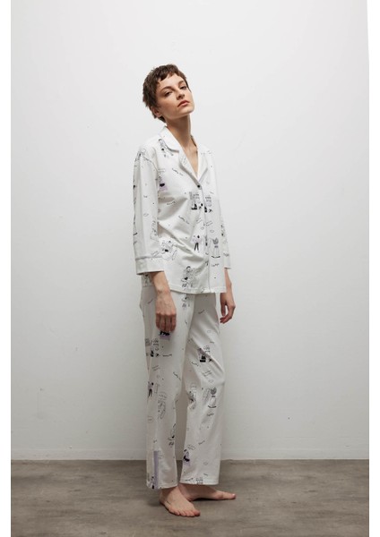 Kadın Pamuklu Gömlek Yaka Uzun Pijama Takımı