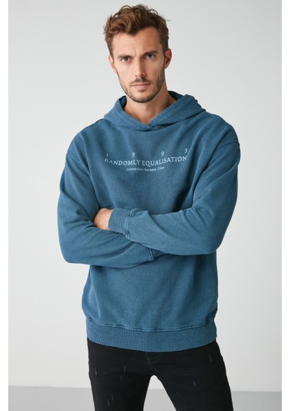 Copper Erkek Soluk Efektlı Baskılı Polarsız Kapüşonlu Mavi Sweatshirt