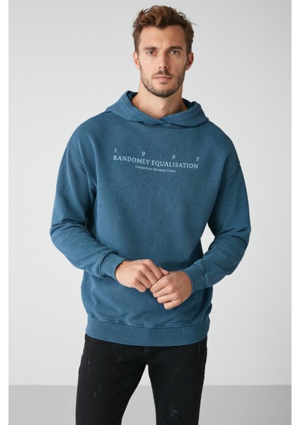 Copper Erkek Soluk Efektlı Baskılı Polarsız Kapüşonlu Mavi Sweatshirt