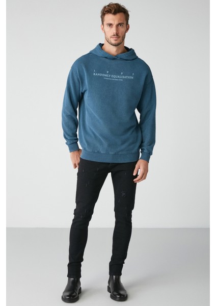 Copper Erkek Soluk Efektlı Baskılı Polarsız Kapüşonlu Mavi Sweatshirt