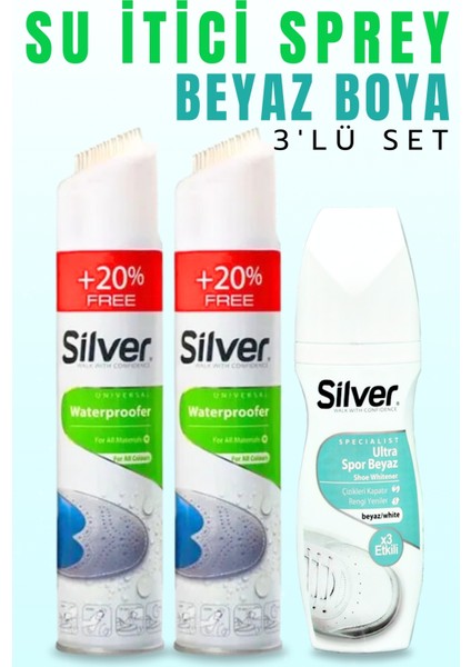 2 Adet Su Itici Önleyici Sprey 300 ml + Silver Likit Beyaz Spor Ayakkabı Boyası 75GR