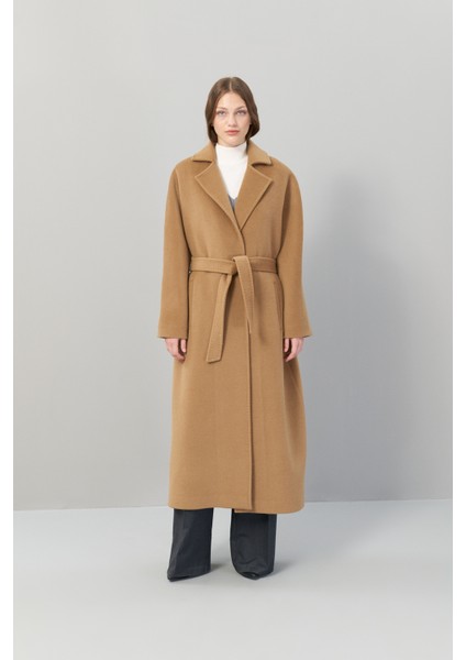 Beli Bağlamalı Dokuma Midi Boy %100 Yün Kaban Taba K2519003_022