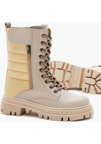 Kadın Bej Cilt Termo Taban Nakışlı Dilim Desenli Cırtlı Bağcıklı ve Fermuarlı Bot fırsatları