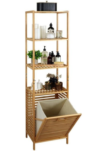 Bambu Kirli Sepetli 4 Raflı Çok Amaçlı Banyo Düzenleyici Çamaşır Sepeti Organizer DB-0009