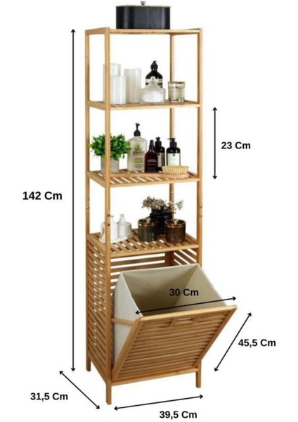 Bambu Kirli Sepetli 4 Raflı Çok Amaçlı Banyo Düzenleyici Çamaşır Sepeti Organizer DB-0009