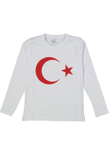Beyaz Kırmızı Ay Yıldız Uzun Kollu Bayrak Badi Tişört - 1013338