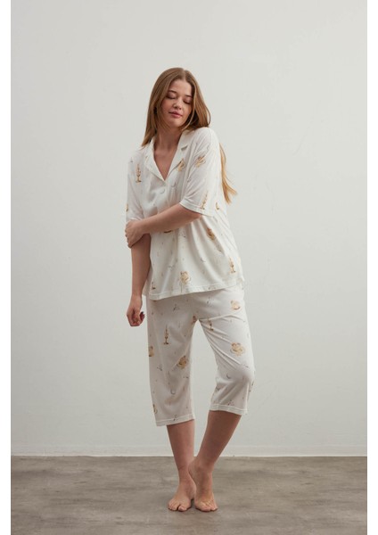 Kadın Plus Size Pamuklu Gömlek Yaka Kapri Pijama Takımı