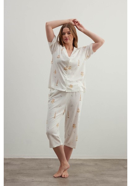 Kadın Plus Size Pamuklu Gömlek Yaka Kapri Pijama Takımı