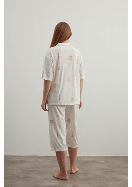Kadın Plus Size Pamuklu Gömlek Yaka Kapri Pijama Takımı