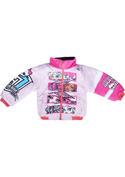 Kız Çocuk Pembe Monster Baskılı Cepli Fermuarlı Şişme Mont - 1011647