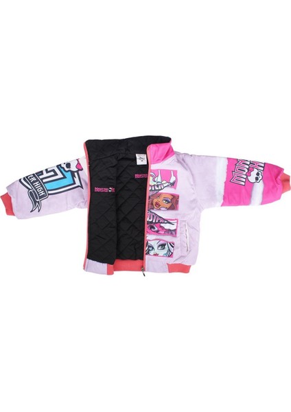 Kız Çocuk Pembe Monster Baskılı Cepli Fermuarlı Şişme Mont - 1011647