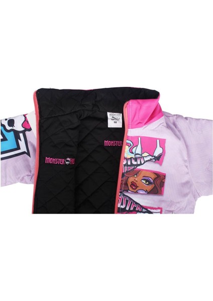 Kız Çocuk Pembe Monster Baskılı Cepli Fermuarlı Şişme Mont - 1011647